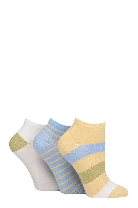 Women's 3 Pair SOCKSHOP Patterned, Striped, Plain, Ribbed and Mesh Bamboo Trainer Socks Sicilian Lemon Striped 4-8