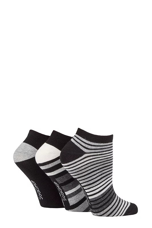 Women's 3 Pair SOCKSHOP Patterned, Striped, Plain, Ribbed and Mesh Bamboo Trainer Socks