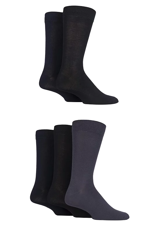 Mens 5 Pair SOCKSHOP Plain, Striped and Patterned Bamboo Socks Black / Navy / Grey Plain 7-11