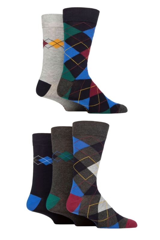 Mens 5 Pair SOCKSHOP Plain, Striped and Patterned Bamboo Socks Argyle Royal 7-11