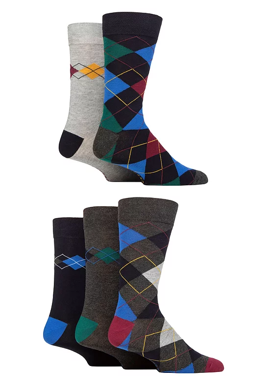Mens 5 Pair SOCKSHOP Plain, Striped and Patterned Bamboo Socks Argyle Royal 7-11