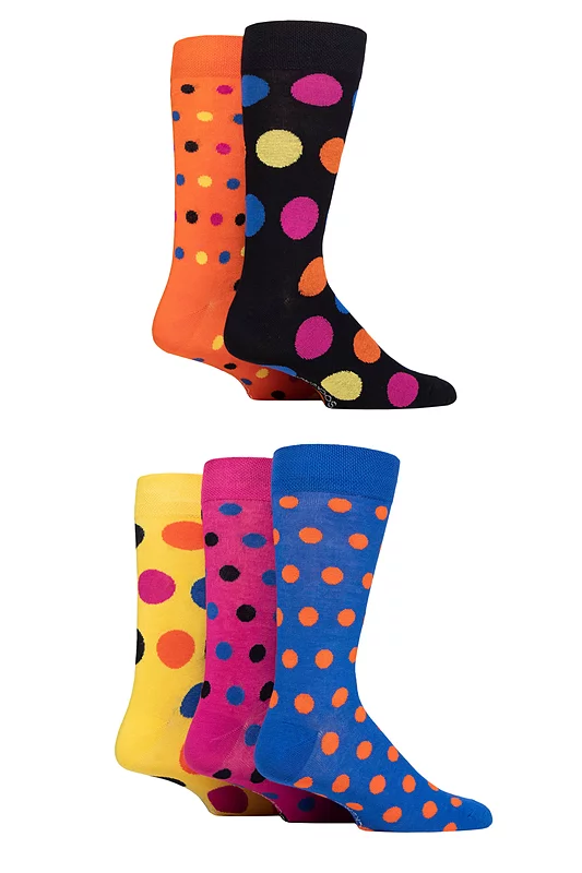 Mens 5 Pair SOCKSHOP Plain, Striped and Patterned Bamboo Socks Polka Dot Multi Bright 7-11