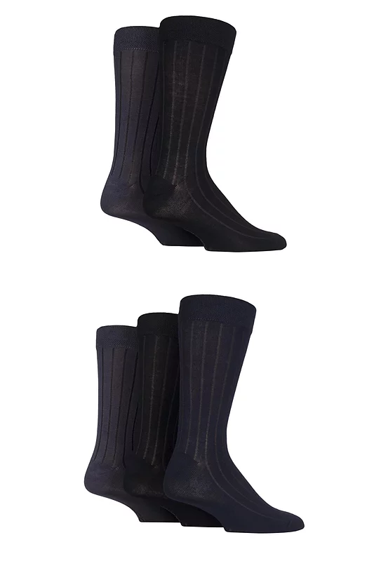 Mens 5 Pair SOCKSHOP Plain, Striped and Patterned Bamboo Socks Black / Navy / Grey Ribbed 7-11