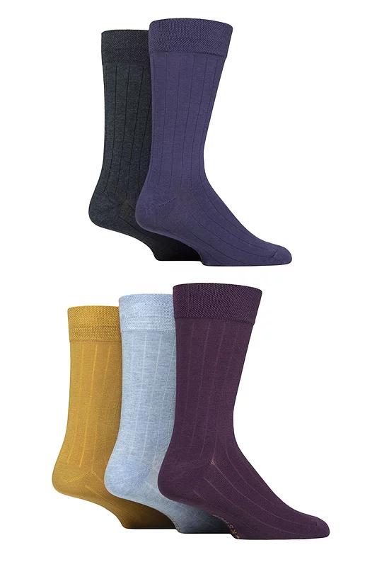 Mens 5 Pair SOCKSHOP Plain, Striped and Patterned Bamboo Socks Water Ribbed 7-11