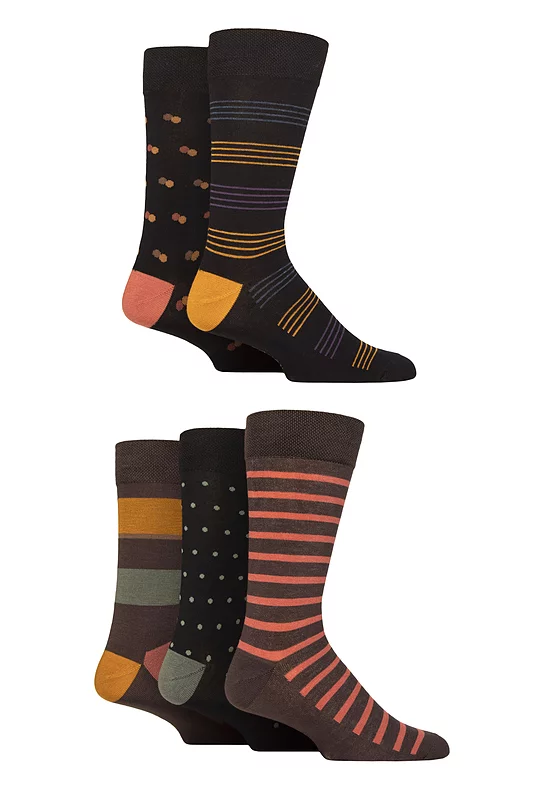 Mens 5 Pair SOCKSHOP Plain, Striped and Patterned Bamboo Socks Earthy Stripe 7-11
