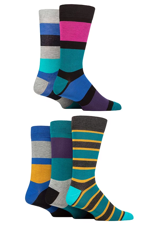 Mens 5 Pair SOCKSHOP Plain, Striped and Patterned Bamboo Socks Striped Multi Bold 7-11