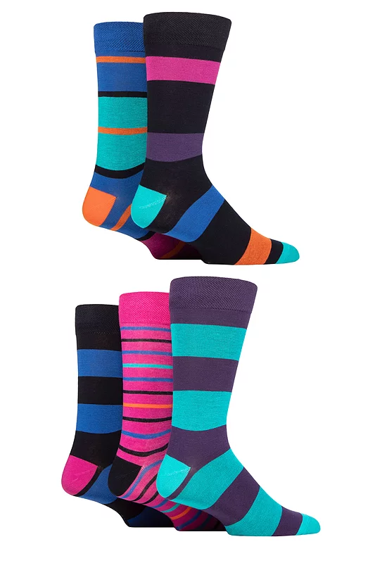 Mens 5 Pair SOCKSHOP Plain, Striped and Patterned Bamboo Socks Striped Peacock 7-11