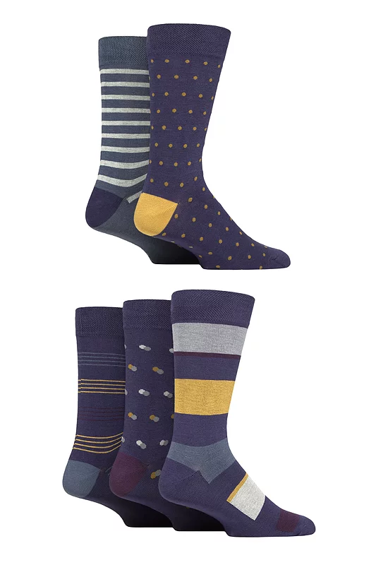 Mens 5 Pair SOCKSHOP Plain, Striped and Patterned Bamboo Socks Water Stripe 7-11