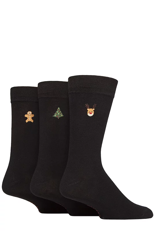 Mens 3 Pair SOCKSHOP Christmas Patterned Embroidered Bamboo Socks