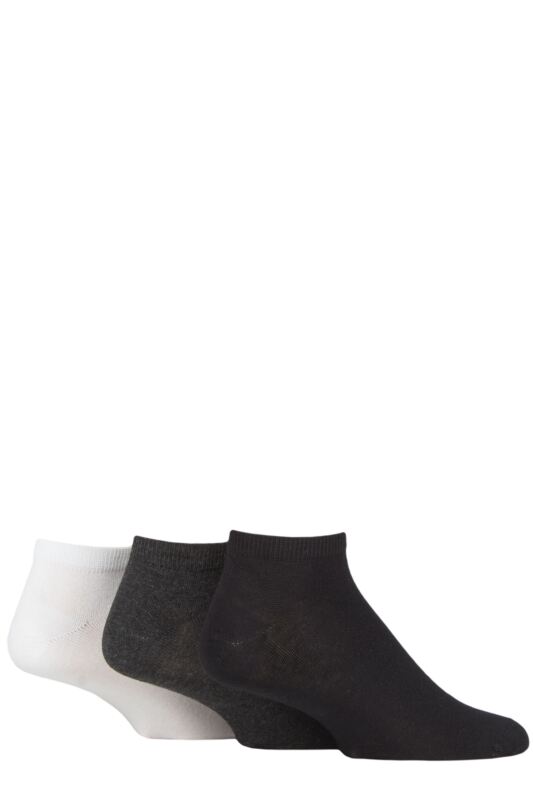 Mens 3 Pair SOCKSHOP Bamboo Plain and Patterned Trainer Socks with Smooth Toe Seams Black / Charcoal / White 12-14 Mens