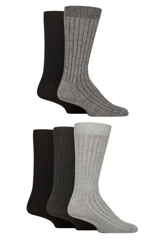 Mens 5 Pair SOCKSHOP Bamboo Leisure Ribbed Socks Black / Grey 7-11