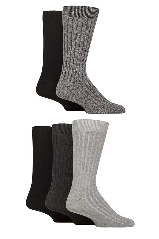 Mens 5 Pair SOCKSHOP Bamboo Leisure Ribbed Socks Black / Grey 7-11