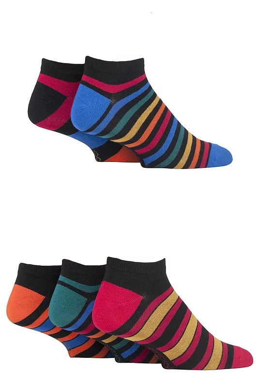 Mens 5 Pair SOCKSHOP Bamboo Striped and Plain Trainer Socks Black / Classic Bright 7-11 Mens