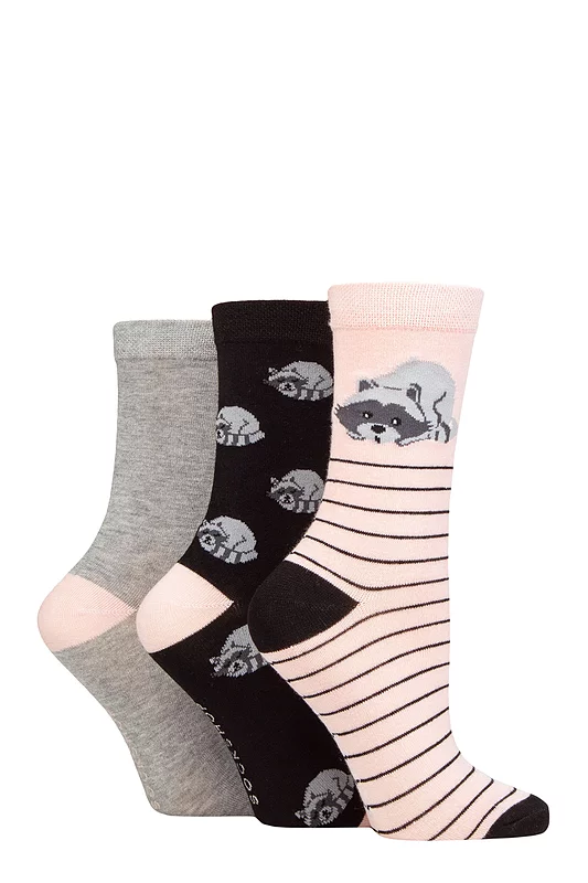 Women's 3 Pair SOCKSHOP Lazy Panda Novelty Bamboo Socks Racoon 4-8