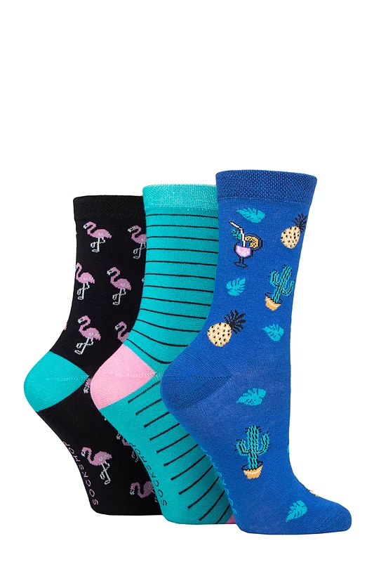 Women's 3 Pair SOCKSHOP Lazy Panda Novelty Bamboo Socks Tropical 4-8