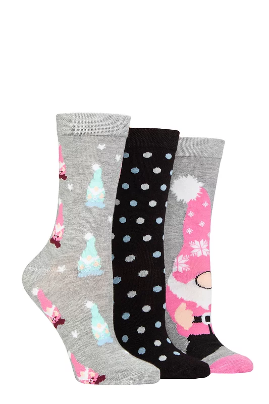 Women's 3 Pair SOCKSHOP Lazy Panda Christmas Bamboo Socks Christmas Gnomes 4-8 Ladies
