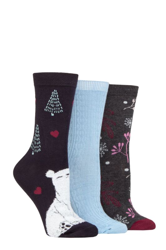 Women's 3 Pair SOCKSHOP Lazy Panda Christmas Bamboo Socks