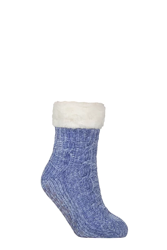 Women's 1 Pair SOCKSHOP Faux Fur Lined Chenille Cable Slipper Socks Mineral Blue 4-8