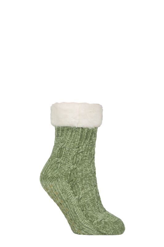 Women's 1 Pair SOCKSHOP Faux Fur Lined Chenille Cable Slipper Socks