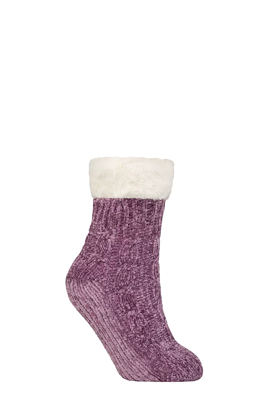 Women's 1 Pair SOCKSHOP Faux Fur Lined Chenille Cable Slipper Socks