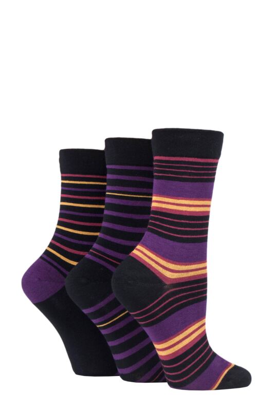 Women's 3 Pair SOCKSHOP Gentle Bamboo Socks with Smooth Toe Seams in Plains and Stripes Black Pansy