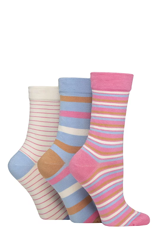 Women's 3 Pair SOCKSHOP Gentle Bamboo Socks with Smooth Toe Seams in Plains and Stripes Ocean View 4-8