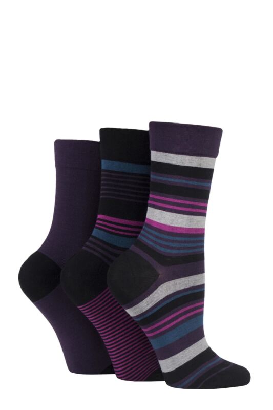 Women's 3 Pair SOCKSHOP Gentle Bamboo Socks with Smooth Toe Seams in Plains and Stripes Purple Raven / Grey 4-8 Ladies