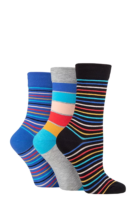 Women's 3 Pair SOCKSHOP Gentle Bamboo Socks with Smooth Toe Seams in Plains and Stripes Beach Hut 4-8