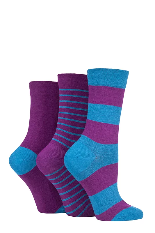 Women's 3 Pair SOCKSHOP Gentle Bamboo Socks with Smooth Toe Seams in Plains and Stripes Nightshade 4-8 Ladies