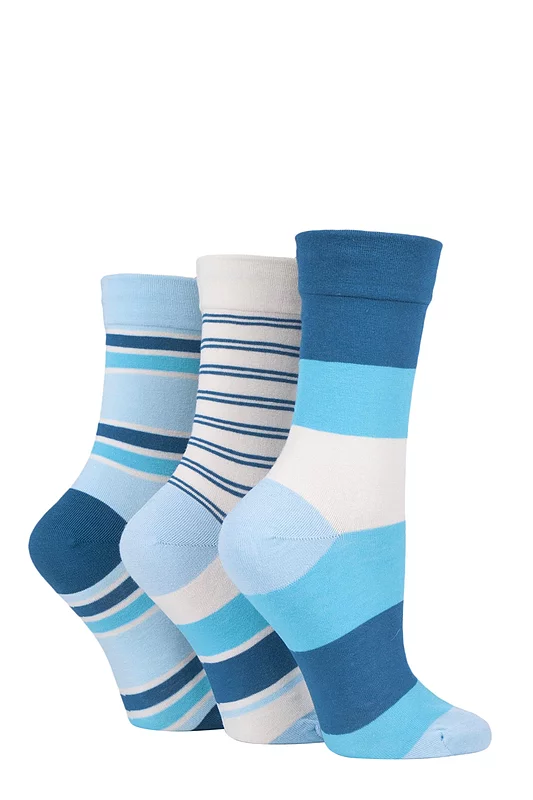 Women's 3 Pair SOCKSHOP Gentle Bamboo Socks with Smooth Toe Seams in Plains and Stripes Celestial 4-8 Ladies