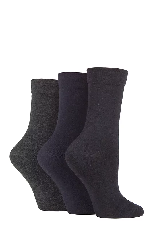 Women's 3 Pair SOCKSHOP Gentle Bamboo Socks with Smooth Toe Seams in Plains and Stripes Black / Navy / Grey 4-8