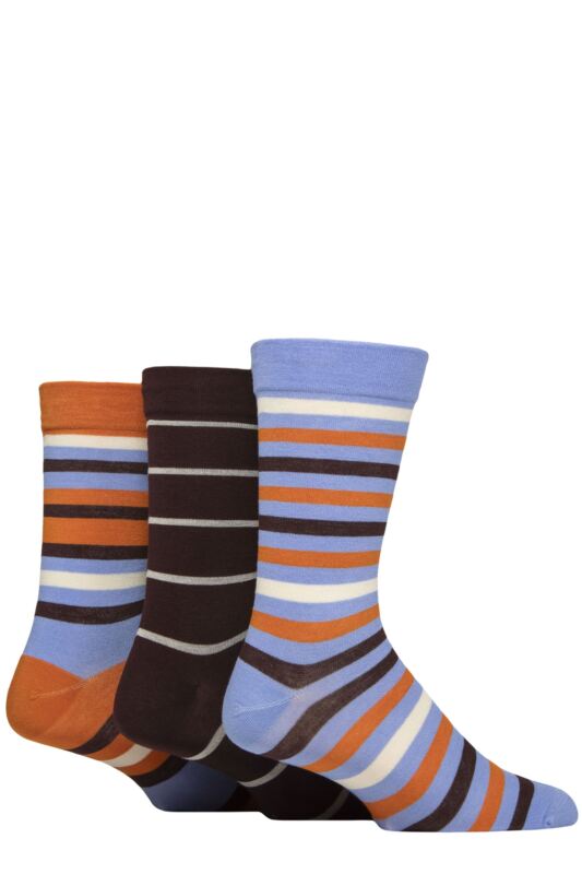 Mens 3 Pair SOCKSHOP Comfort Cuff Gentle Bamboo Striped Socks with Smooth Toe Seams