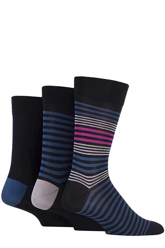 Mens 3 Pair SOCKSHOP Comfort Cuff Gentle Bamboo Striped Socks with Smooth Toe Seams Teal Jewel / Black 12-14 Mens