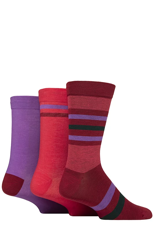 Mens 3 Pair SOCKSHOP Comfort Cuff Gentle Bamboo Striped Socks with Smooth Toe Seams Grape Vine 12-14