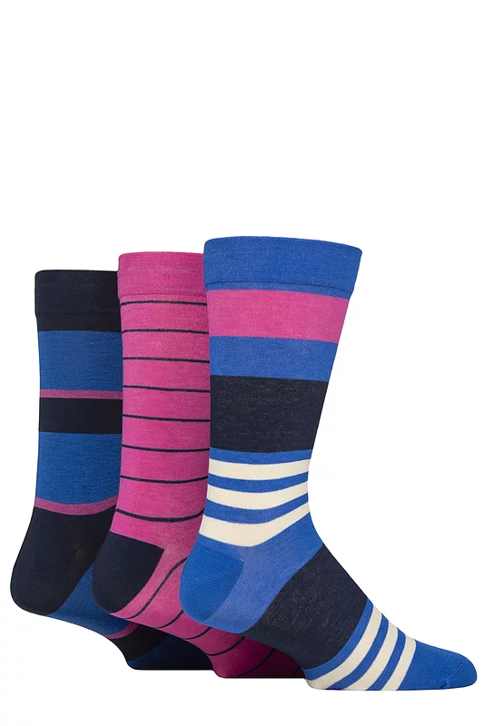 Mens 3 Pair SOCKSHOP Comfort Cuff Gentle Bamboo Striped Socks with Smooth Toe Seams