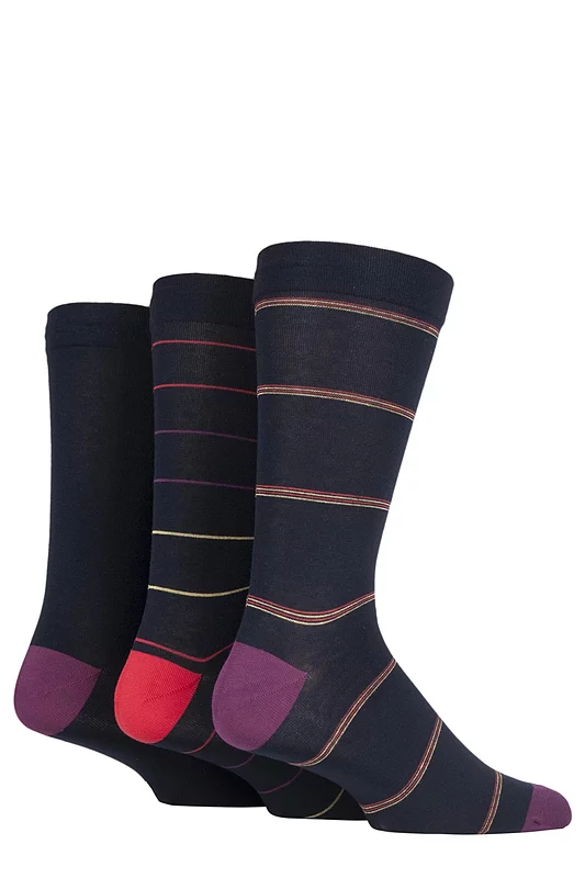 Mens 3 Pair SOCKSHOP Comfort Cuff Gentle Bamboo Striped Socks with Smooth Toe Seams