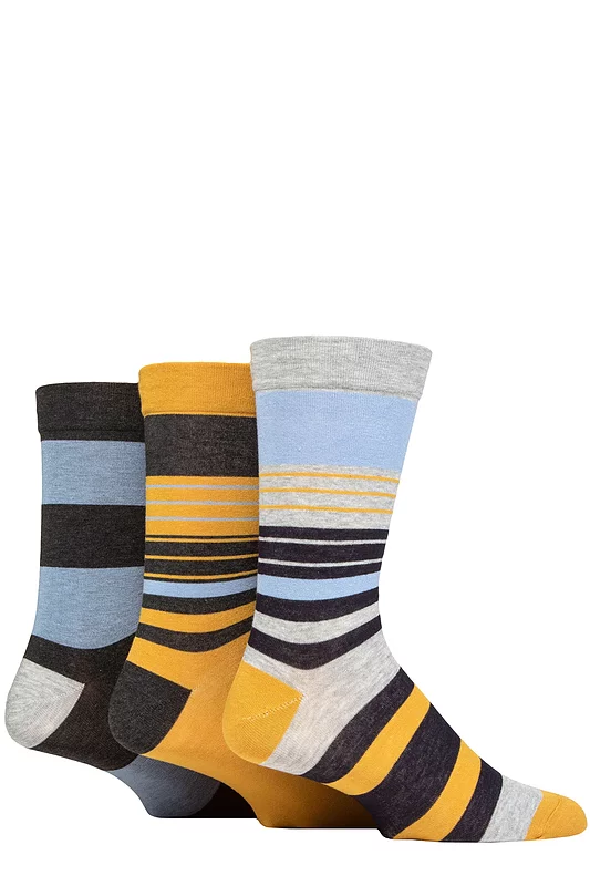 Mens 3 Pair SOCKSHOP Comfort Cuff Gentle Bamboo Striped Socks with Smooth Toe Seams Blue Jay 7-11