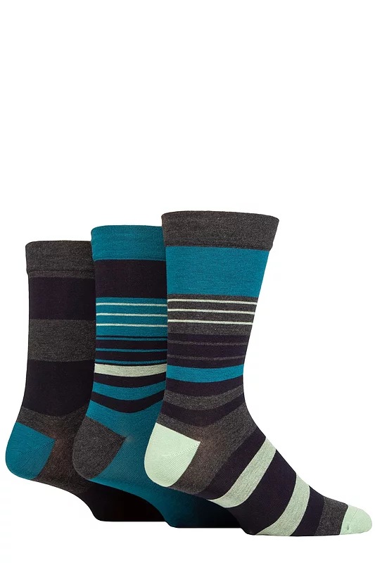 Mens 3 Pair SOCKSHOP Comfort Cuff Gentle Bamboo Striped Socks with Smooth Toe Seams Sage 12-14