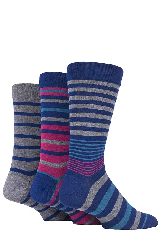 Mens 3 Pair SOCKSHOP Comfort Cuff Gentle Bamboo Striped Socks with Smooth Toe Seams