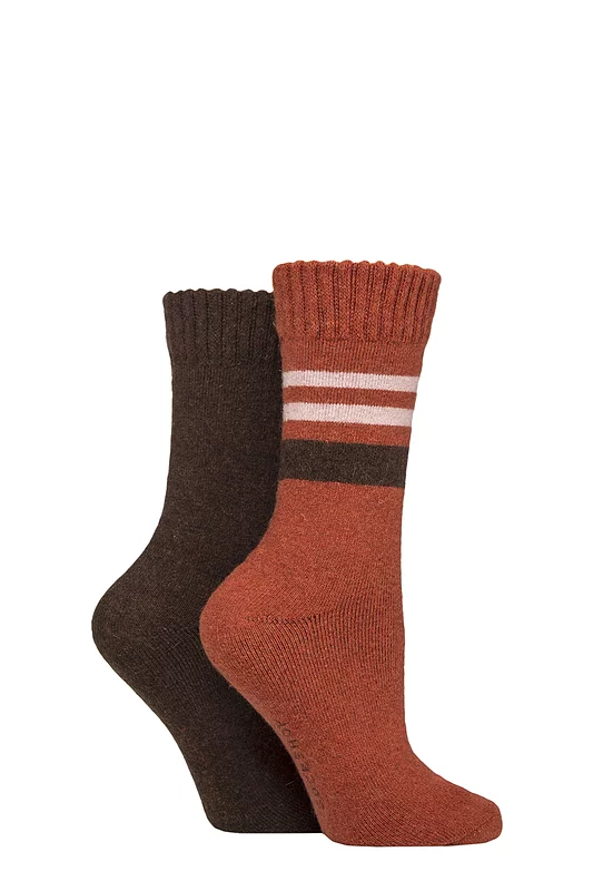 Women's 2 Pair SOCKSHOP Wool Mix Striped and Plain Boot Socks Honey Glaze Striped 4-8