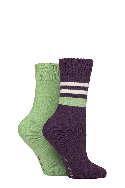 Women's 2 Pair SOCKSHOP Wool Mix Striped and Plain Boot Socks Wild Terrain Striped 4-8