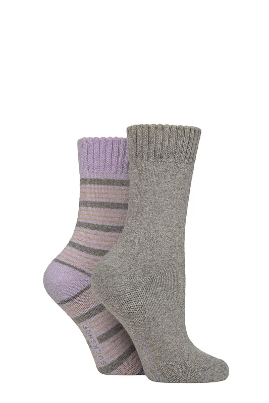 Women's 2 Pair SOCKSHOP Wool Mix Striped and Plain Boot Socks Petal Striped 4-8
