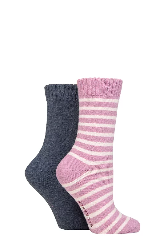Women's 2 Pair SOCKSHOP Wool Mix Striped and Plain Boot Socks