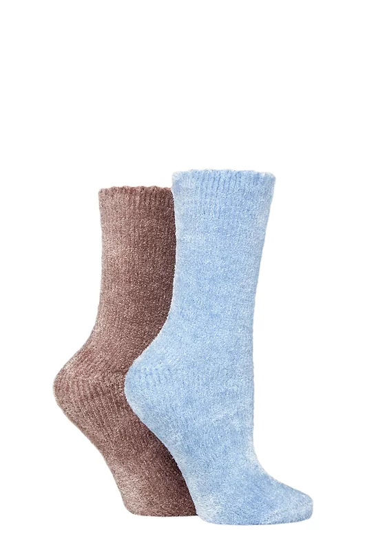 Women's 2 Pair SOCKSHOP Chenille Boot Socks Gold / Kentucky Blue 4-8 Ladies
