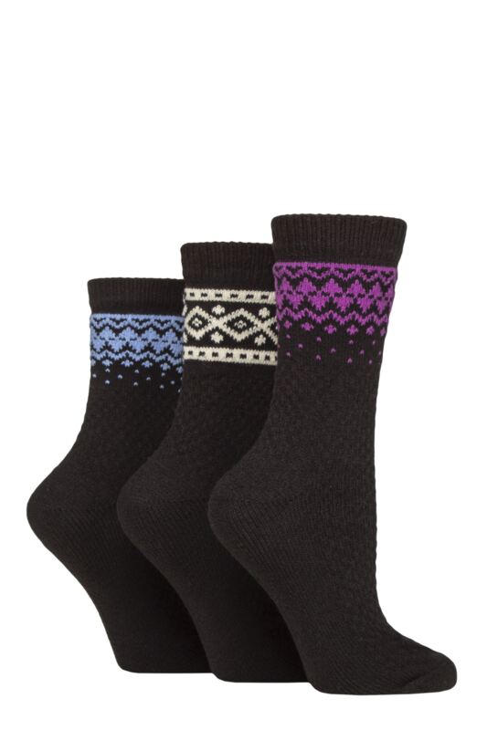 Women's 3 Pair SOCKSHOP Fair Isle Patterned Boot Socks Black 4-8