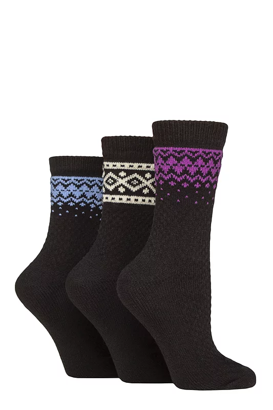 Women's 3 Pair SOCKSHOP Fair Isle Patterned Boot Socks Black 4-8