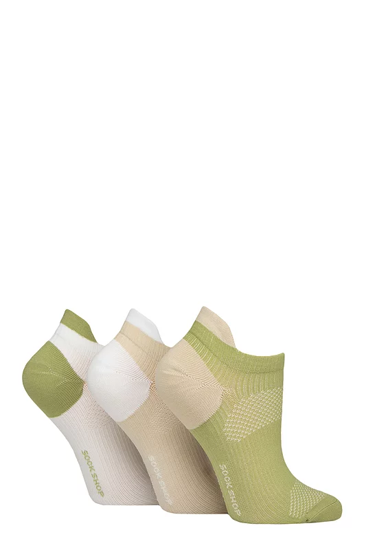 Ladies 3 Pair SOCKSHOP Poly Sports No Show Socks Khaki / Beige / White 4-8