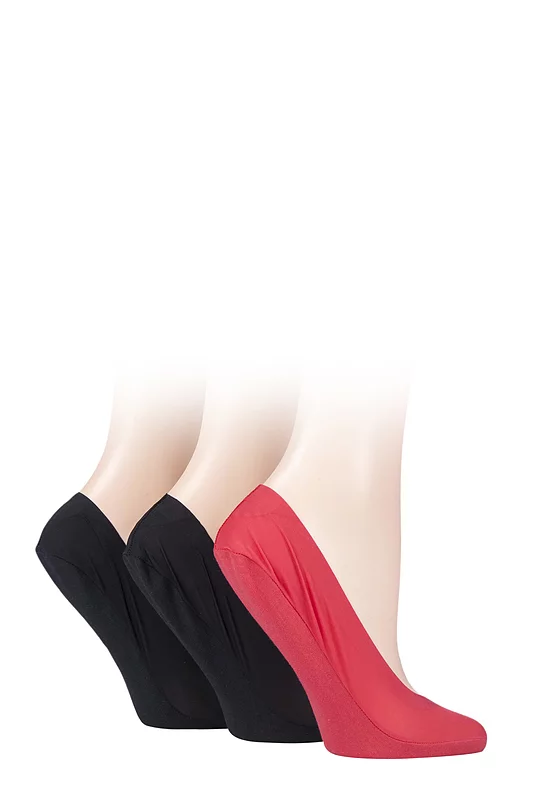 Women's 3 Pair SOCKSHOP Smooth Nylon Shoe Liners Black / Black / Red 4-8 Ladies