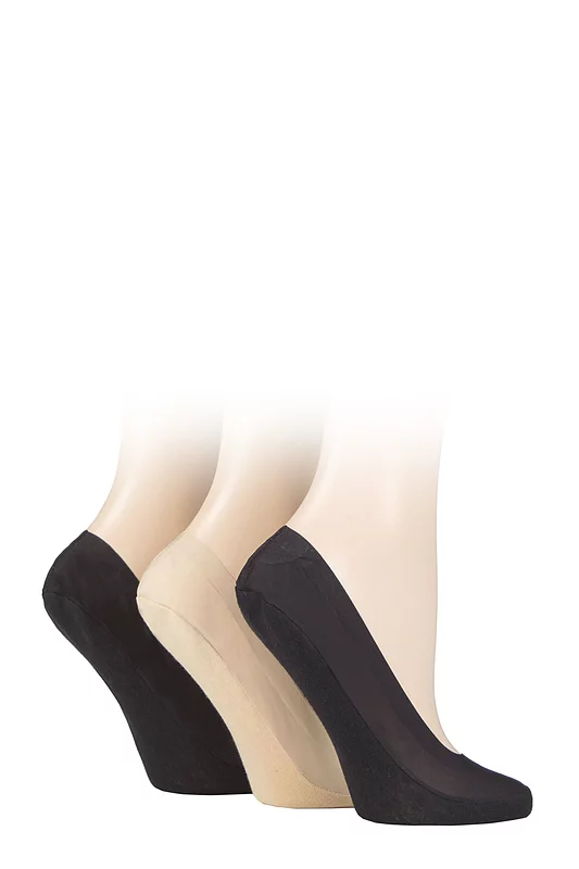 Women's 3 Pair SOCKSHOP Smooth Nylon Shoe Liners Black / Natural / Black 4-8 Ladies