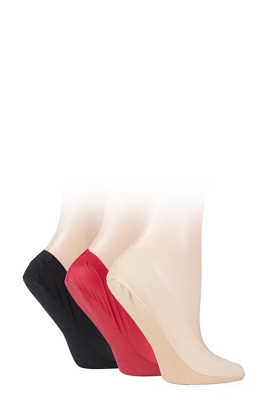 Women's 3 Pair SOCKSHOP Smooth Nylon Shoe Liners Black / Natural / Red 4-8 Ladies